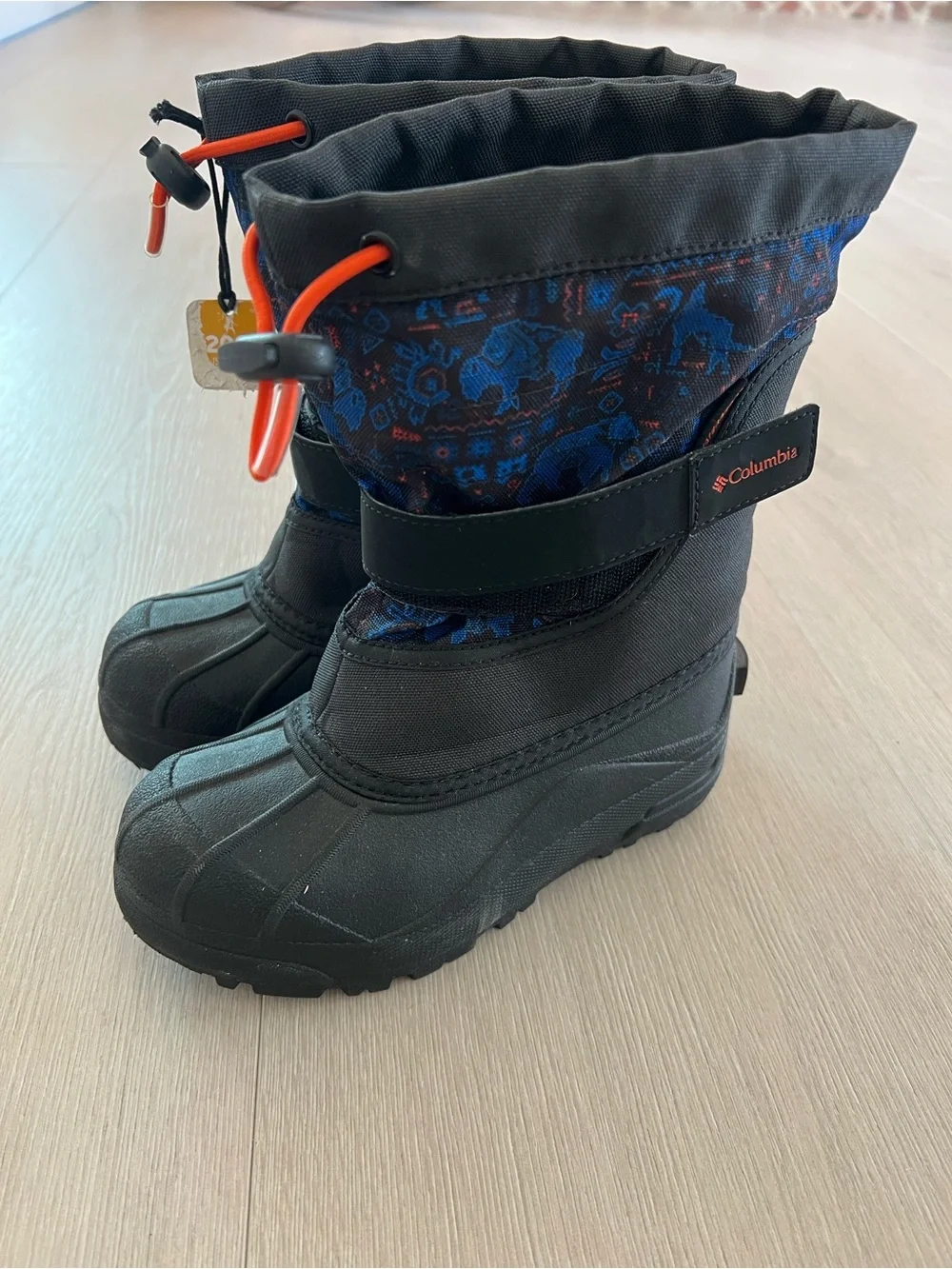 Columbia Kids Black and Blue Snow Boots with Orange Drawcords